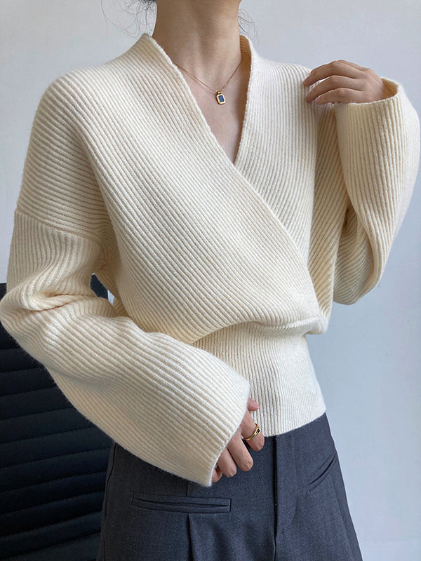 Casual Long Sleeves Loose Solid Color Cross V-Neck Sweater Tops