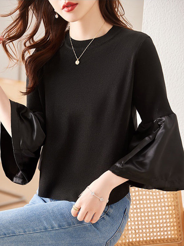 Pleated Split-Joint Flared Sleeves Long Sleeves Round-neck T-Shirts Tops