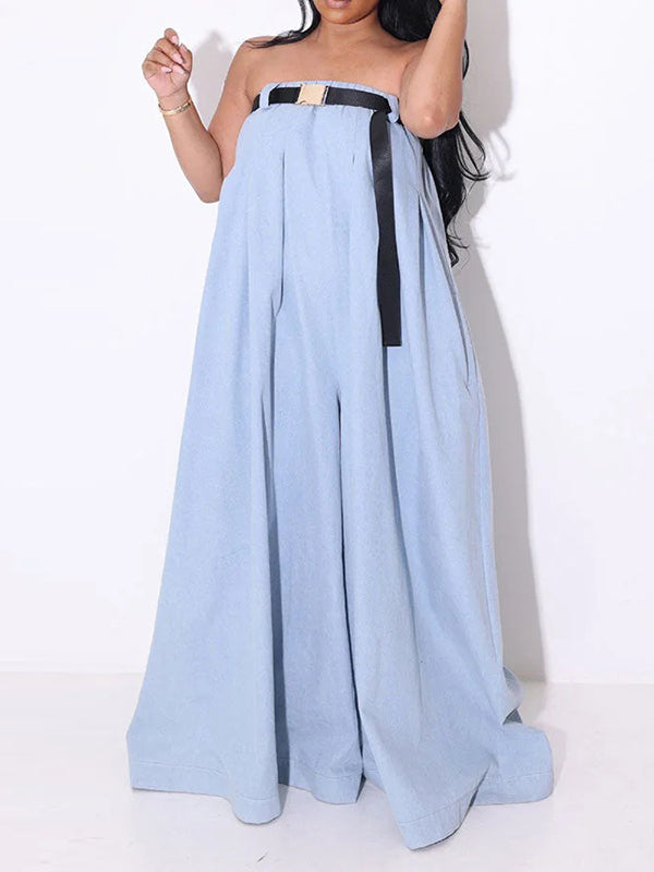 Belted Pleated Pockets Solid Color Loose Sleeveless Tube Jumpsuits