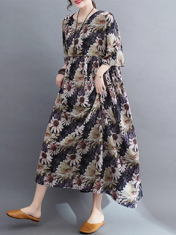 Floral Printed Pleated Split-Joint Loose Raglan Sleeve Round-Neck Midi Dresses