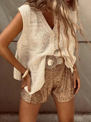 Buttoned Crochet Embroidered Loose Sleeveless V-Neck Vest Top