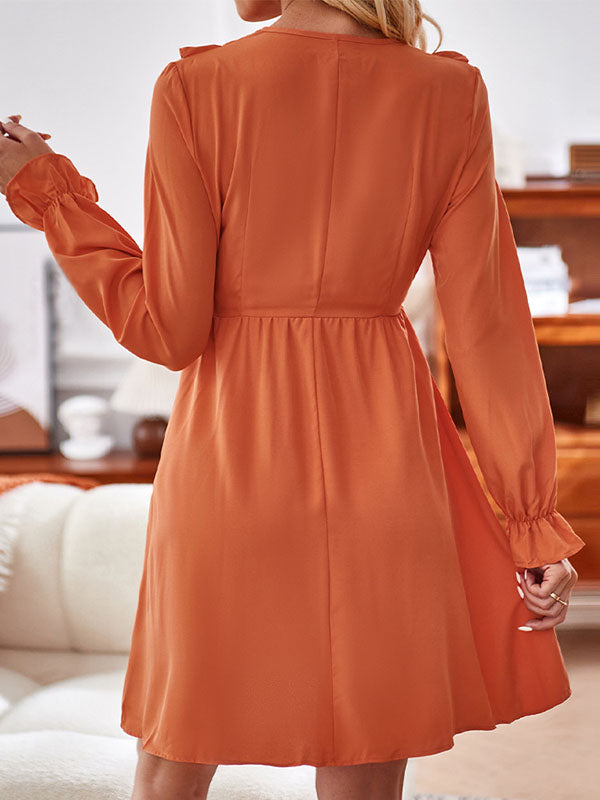 Ruffled Solid Color Flared Sleeves High Waisted Deep V-Neck Mini Dresses
