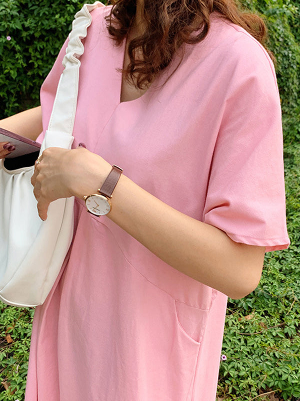 Loose Solid Color V-Neck Pleated With Pockets Midi Dresses