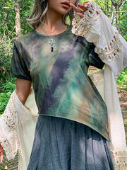Asymmetric Split-Joint Tie-Dyed Irregular Clipping Short Sleeves Round-Neck T-Shirts