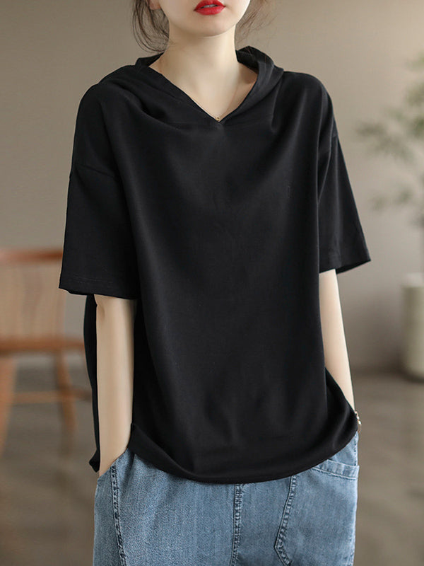Hooded Solid Color Short Sleeves Hooded T-Shirts Tops