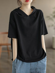 Hooded Solid Color Short Sleeves Hooded T-Shirts Tops