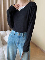 Asymmetric Contrast Color Split-Joint Fake Two-Piece Long Sleeves Round-Neck T-Shirts