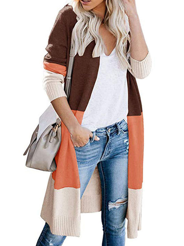 Contrast Color Long Sleeves Loose V-Neck Cardigan Tops