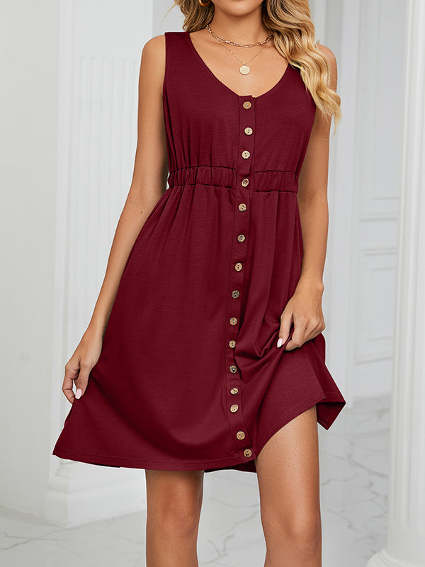 Buttoned Elasticity Pleated Pockets Split-Joint A-Line Loose Round-Neck Mini Dresses