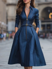 Belted Pleated Pockets Zipper A-Line High Waisted Lapel Midi Dresses