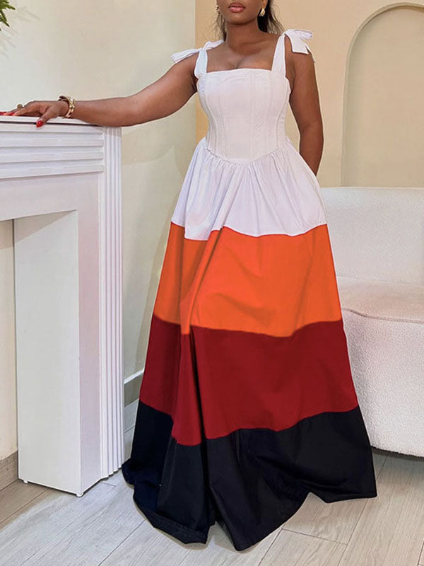 Contrast Color Pleated Pockets Tied Zipper A-Line High Waisted Spaghetti-Neck Maxi Dresses