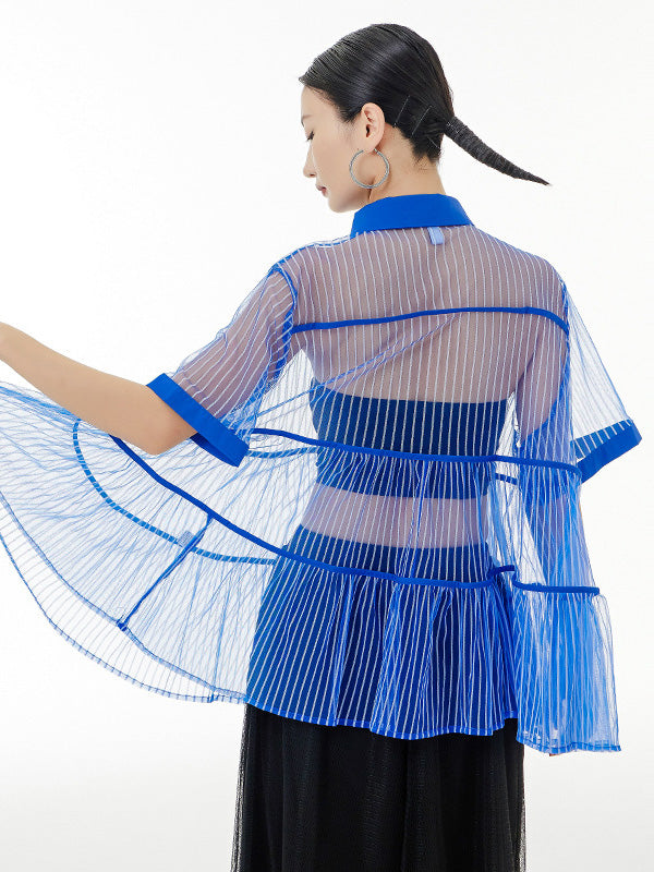 Original Short Sleeves Loose Buttoned Mesh Pleated Solid Color Blouses&Shirts Tops