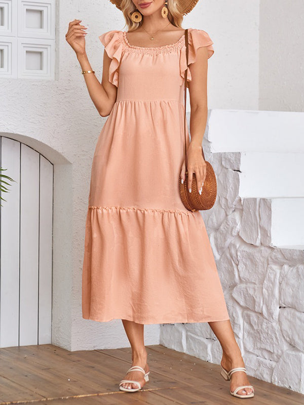 Elasticity Pleated Ruffled Solid Color Split-Joint A-Line Loose Off-The-Shoulder Midi Dresses
