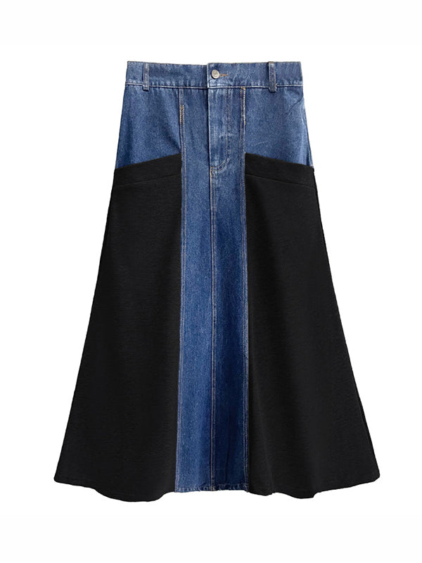 Buttoned Contrast Color Split-Joint A-Line Loose Denim Skirts Bottoms