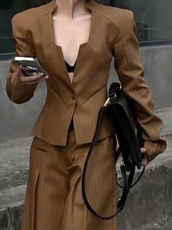 Buttoned Split-Joint Striped Long Sleeves Loose V-Neck Outerwear Blazer