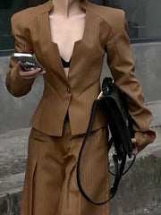 Buttoned Split-Joint Striped Long Sleeves Loose V-Neck Outerwear Blazer