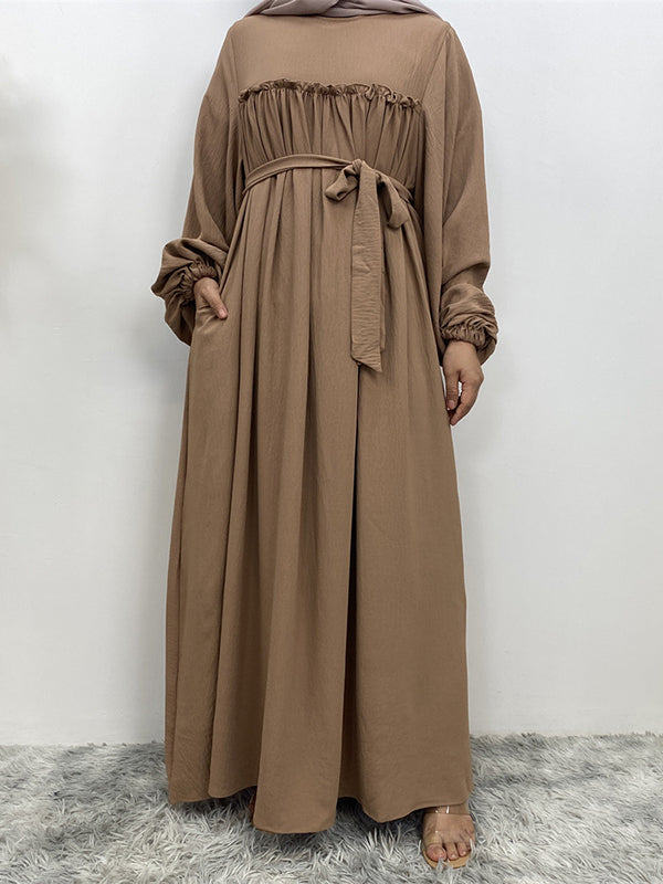 Elasticity Muslim Pleated Solid Color Split-Joint Tied Waist Bishop Sleeve Long Sleeves Round-Neck Maxi Dresses
