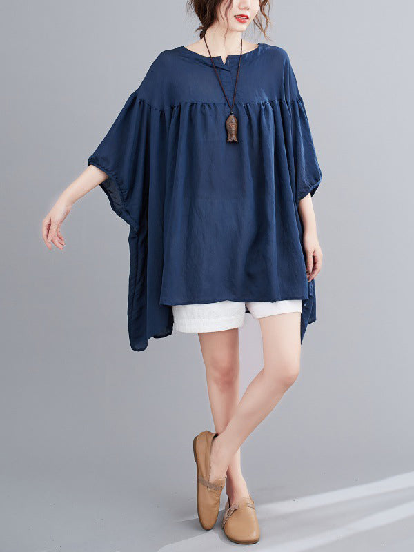 Pleated See-Through Solid Color Half Sleeves Loose Round-neck Blouses&shirts Tops