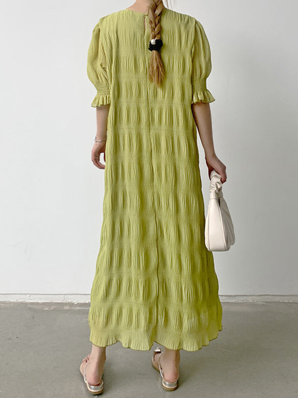 Pleated Solid Color Flared Sleeves Half Sleeves Round-Neck Midi Dresses