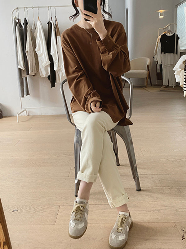 Solid Color Long Sleeves Loose Round-neck T-Shirts Tops