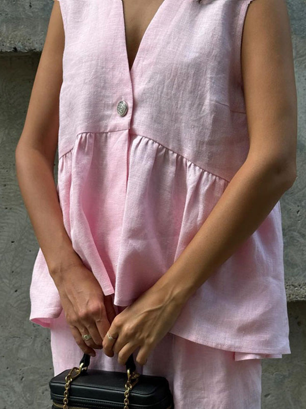 Loose Split-Joint Sleeveless Pleated V-neck Vest + Pants Trousers Two Pieces Set