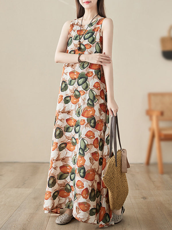 Printed Loose Sleeveless Round-Neck Midi Dresses