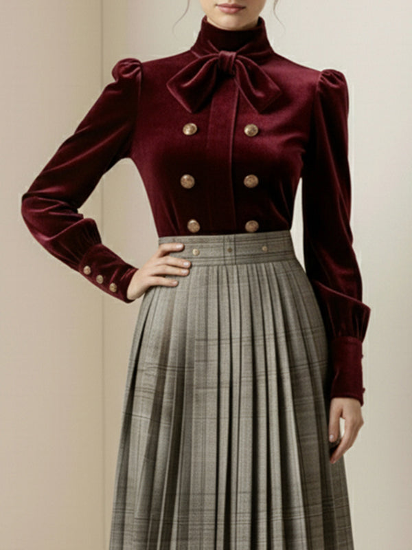 Long Sleeves Puff Sleeves Bow-Embellished Buttoned Contrast Color Pleated Split-Joint High Neck Blouses&Shirts Tops