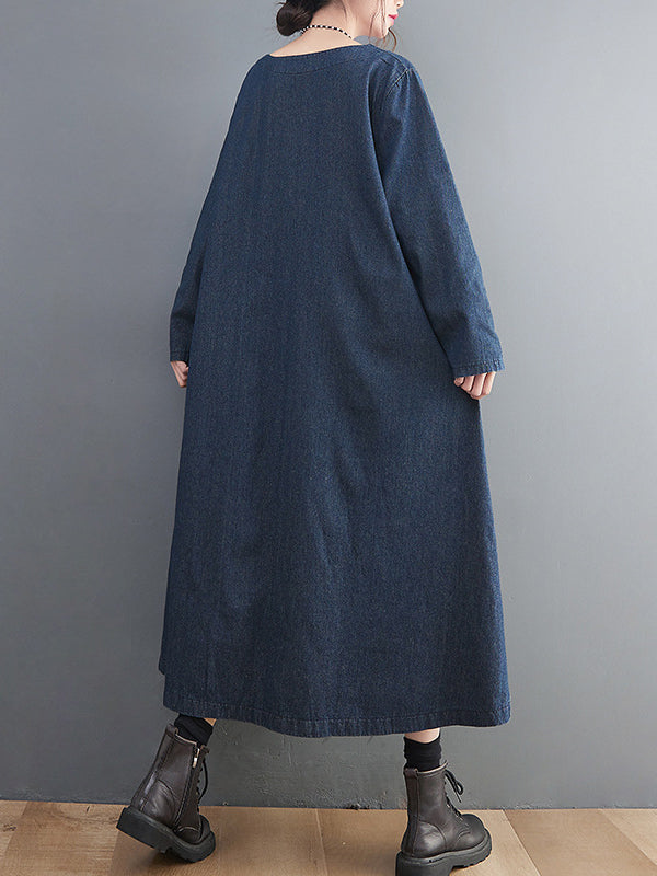 Artistic Retro Loose Denim Applique Round-Neck Long Sleeves Midi Dress
