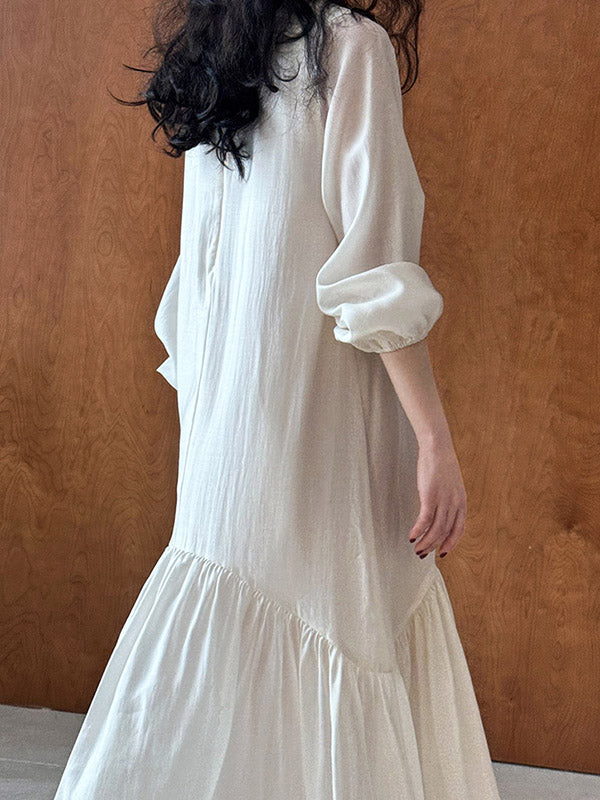 Elasticity Pleated Solid Color Split-Joint Zipper High Waisted Long Sleeves V-Neck Midi Dresses