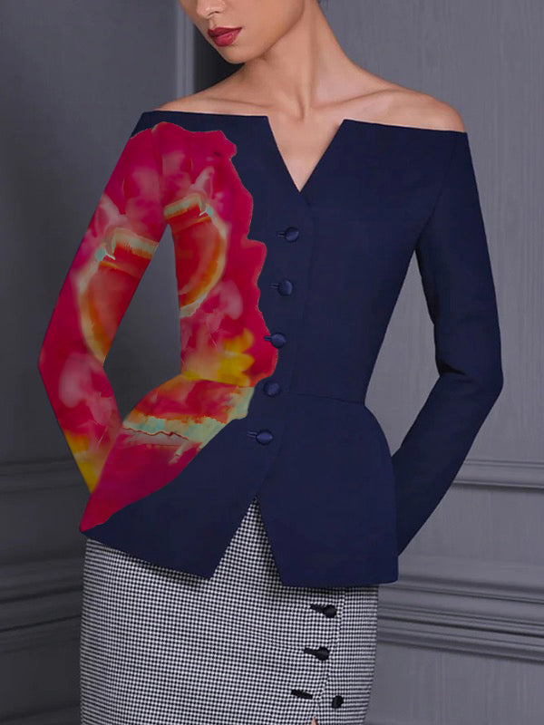 Buttoned Flower Print Long Sleeves Skinny Off-The-Shoulder Blouses&Shirts Tops