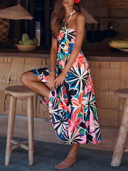 Hollow Printed Split-Joint A-line Loose Halter-Neck Midi Dresses