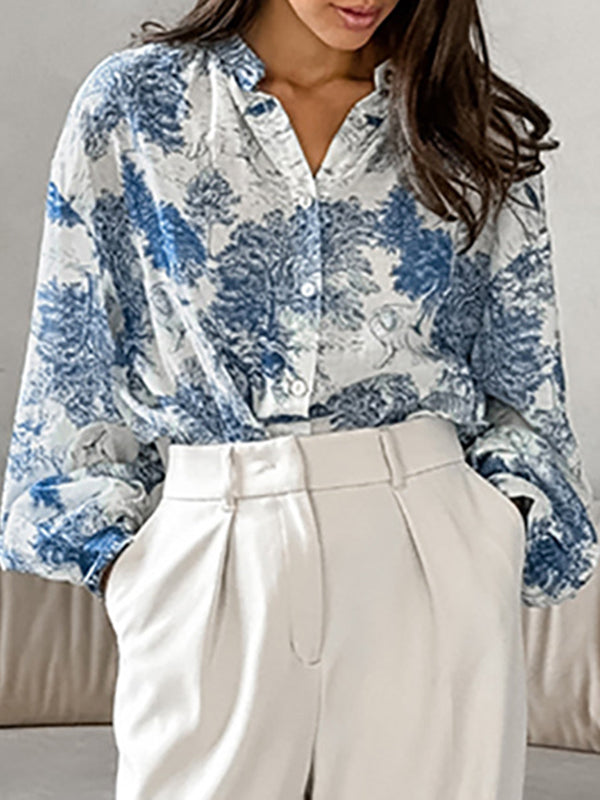 Floral Printed Pleated Split-Joint Loose Puff Sleeves Stand Collar Blouses&Shirts Tops