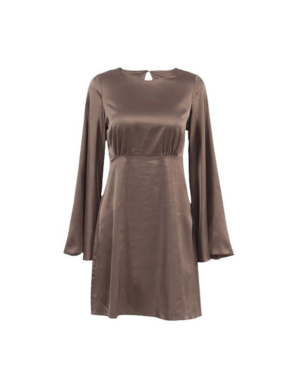 Solid Color A-Line Flared Sleeves Round-Neck Mini Dresses