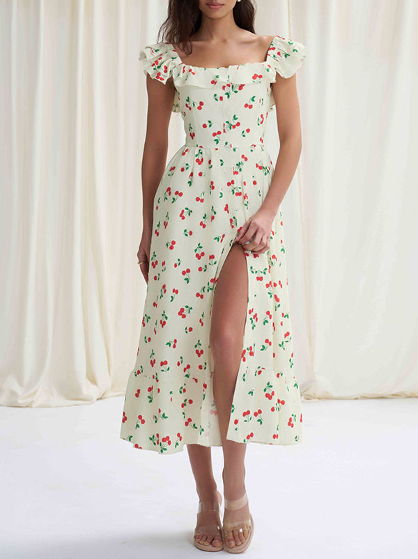 Buttoned Elasticity Flower Print Pleated High Waisted Loose Square-neck Midi Dresses