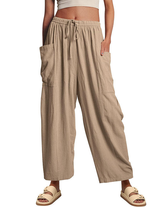 Drawstring Elasticity Pleated Pockets Solid Color High Waisted Loose Trousers Ninth Pants