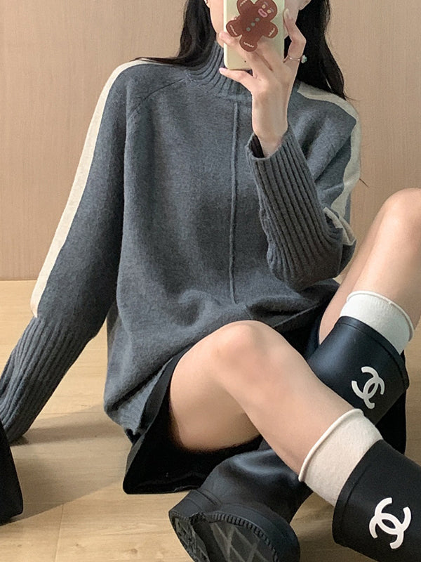 Contrast Color Split-Joint Split-Side High-Low Long Sleeves High Neck Sweater Tops Pullovers