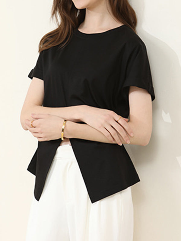 Pleated Solid Color Split-Front Split-Joint Batwing Sleeves Loose Round-Neck T-Shirts
