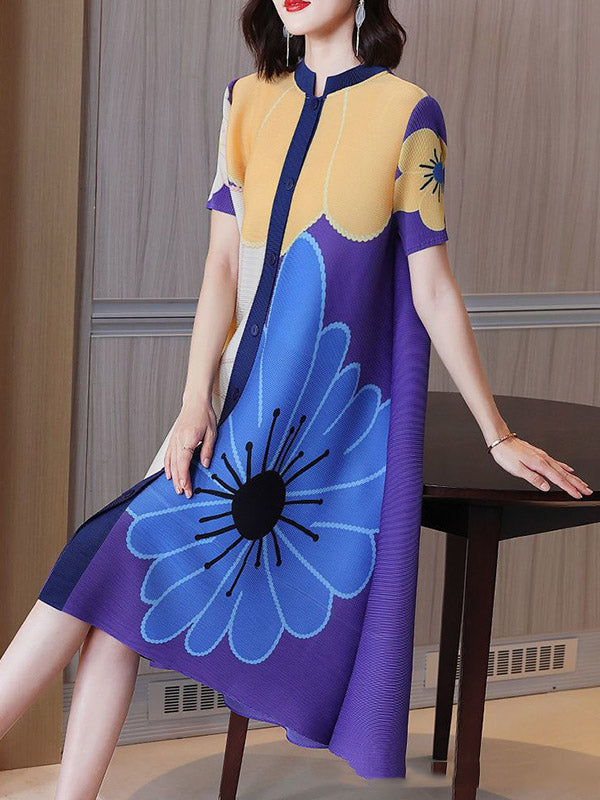 Buttoned Flower Print Pleated A-Line Loose Round-Neck Midi Dresses