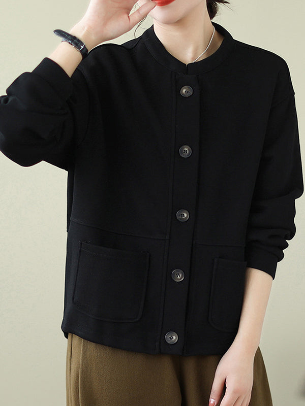 Buttoned Keep Warm Pockets Velvet Long Sleeves Loose Round-neck Outerwear