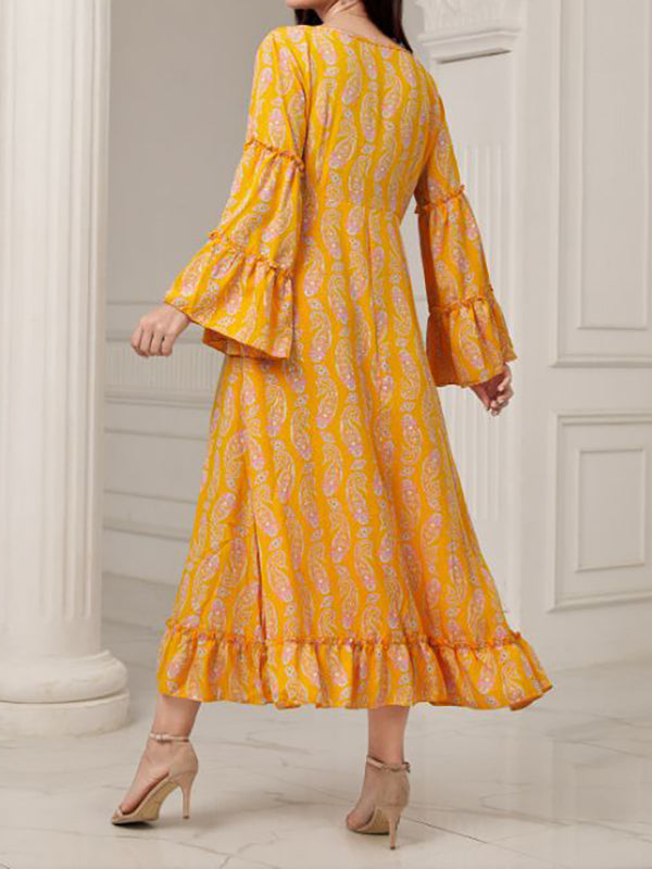 Printed Ruffled Split-Joint A-Line Flared Sleeves V-Neck Maxi Dresses