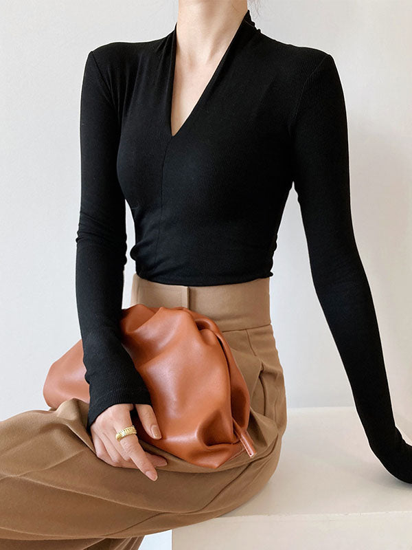 Solid Color Long Sleeves Skinny V-Neck T-Shirts Tops