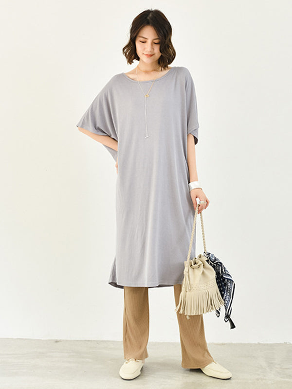 Casual Batwing Half Sleeves Solid Color Round-Neck Midi Dresses