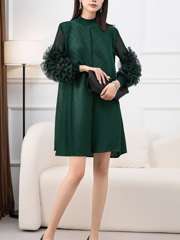 Embroidered Pleated Solid Color Long Sleeves Loose Round-neck Midi Dresses