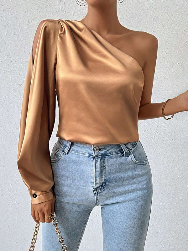 Hollow Pleated Solid Color Loose Puff Sleeves One-shoulder Blouses