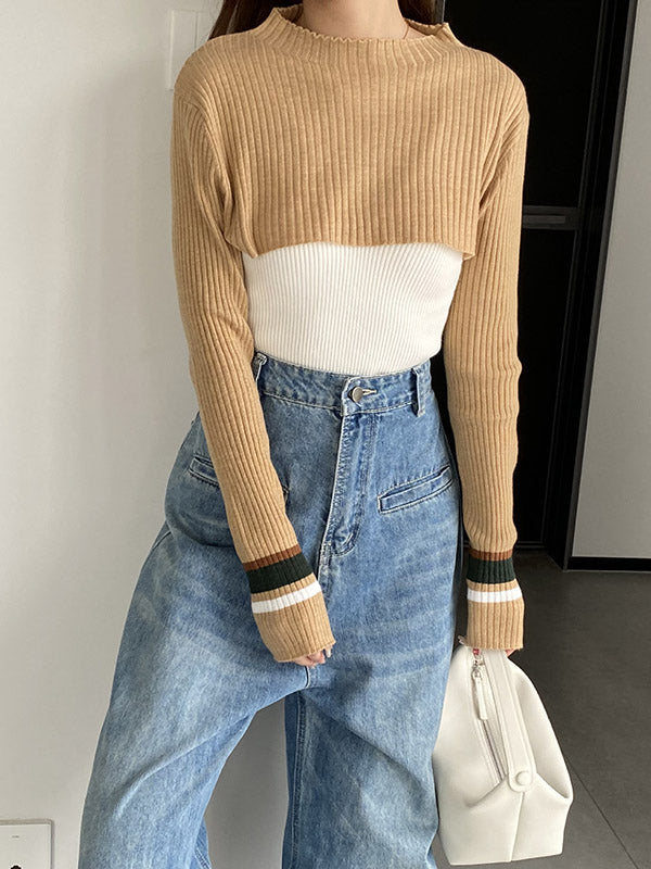 Contrast Color Long Sleeves Loose Round-Neck Two Pieces Set Cover-Ups Tops