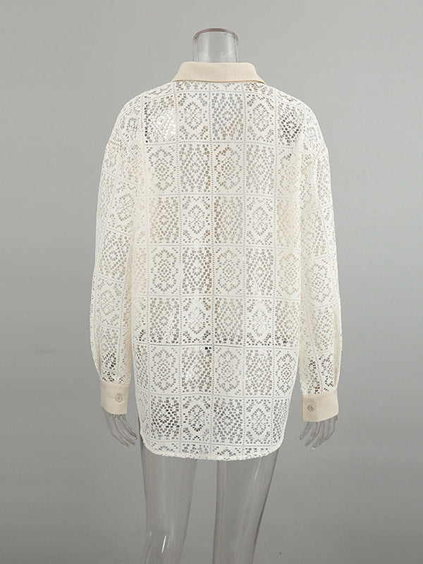 Buttoned Hollow See-Through Solid Color Sun Protection Long Sleeves Loose Lapel Collar Blouses&Shirts Tops