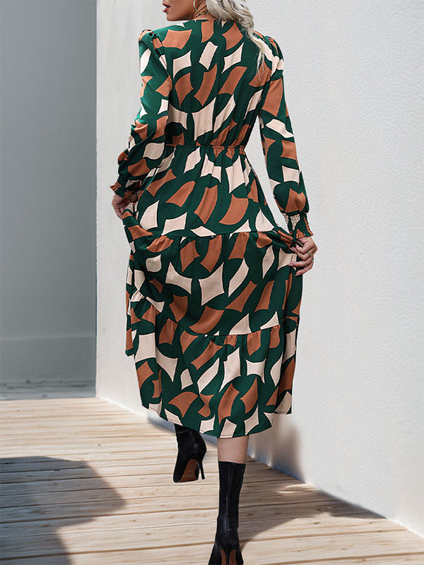 Buttoned Elasticity Pleated Printed Split-Joint Tied Waist A-Line Long Sleeves V-Neck Midi Dresses