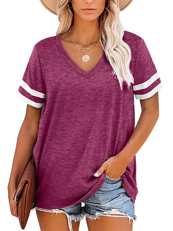 Contrast Color Striped Loose Short Sleeves V-Neck T-Shirts