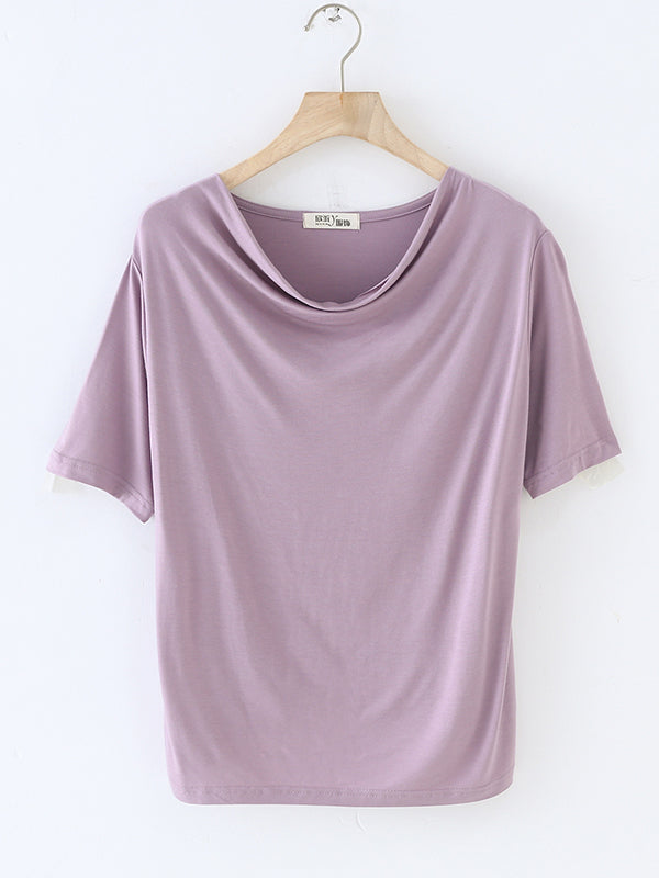Pleated Solid Color Short Sleeves Heaps Collar T-Shirts Tops