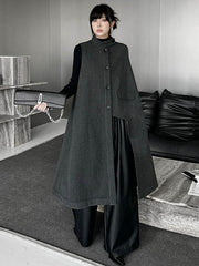 Asymmetric Buttoned Solid Color Split-Joint High-Low Irregularity Stand Collar Padded Vest Outerwear